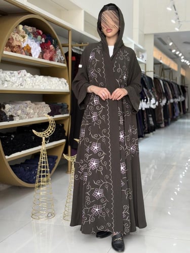 عباية مناير بقماش كريب ويفر مطرز زيتي