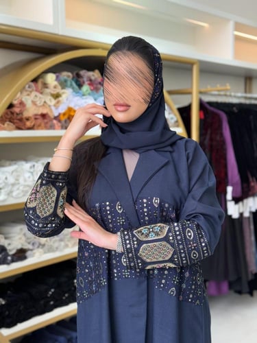 كولكشن رمضان ا عباية الين بقماش لنن مطرز كحلي