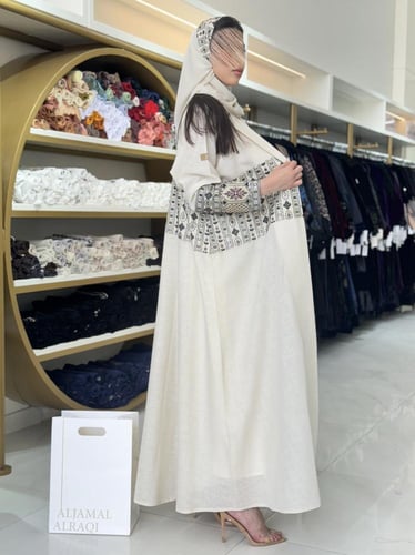 كولكشن رمضان ا عباية الين بقماش لنن مطرز بيج