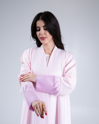 عباية شمسيه بقماش لنن بهدب وردي