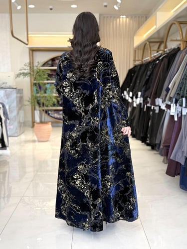 عباية الفاتنه بقماش شيفون مخمل ياباني كحلي2