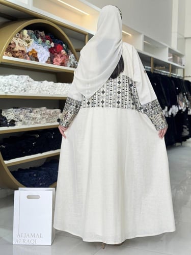 كولكشن رمضان ا عباية الين بقماش لنن مطرز بيج