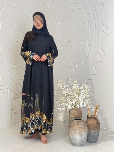 عباية صبا بقماش لنن بارد تطريز ترتر كحلي