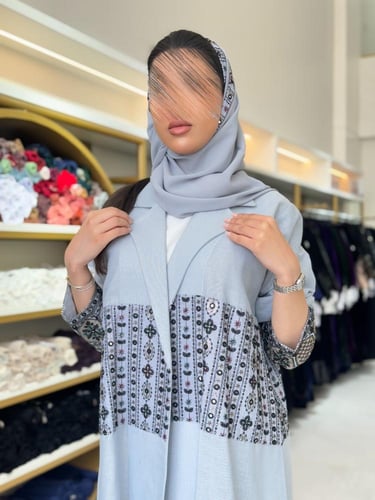 كولكشن رمضان ا عباية الين بقماش لنن مطرز سماوي