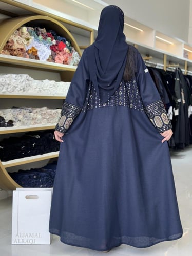 كولكشن رمضان ا عباية الين بقماش لنن مطرز كحلي