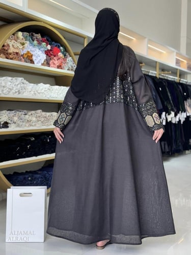 كولكشن رمضان ا عباية الين بقماش لنن مطرز اسود