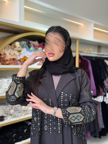 كولكشن رمضان ا عباية الين بقماش لنن مطرز اسود