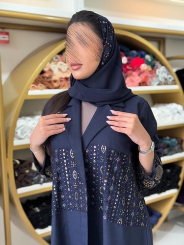 كولكشن رمضان ا عباية الين بقماش لنن مطرز كحلي