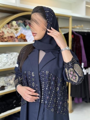 كولكشن رمضان ا عباية الين بقماش لنن مطرز كحلي