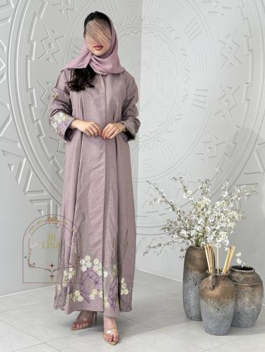 عباية زارا بقماش لنن بارد تطريز ترتر وردي