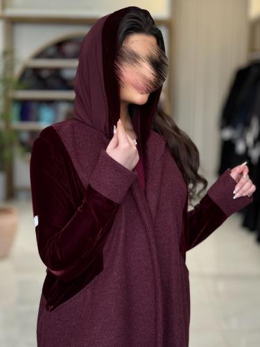 عباية كوثر بقماش جوخ شتوي تدخيلات مخمل عنابي