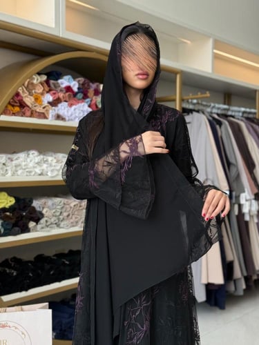 عباية رنين بقماش شيفون تطريز كامل مبطن موف