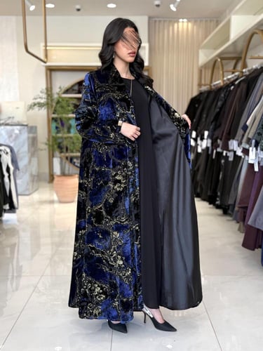 عباية الفاتنه بقماش شيفون مخمل ياباني كحلي2