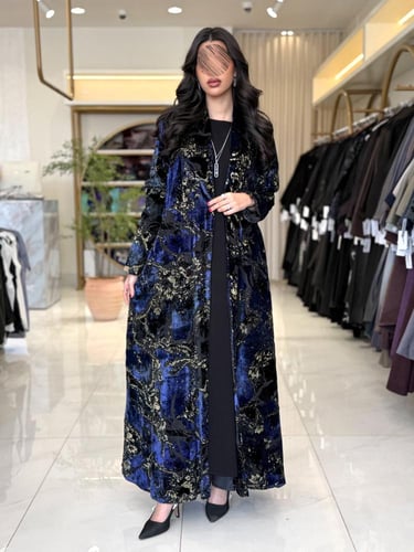 عباية الفاتنه بقماش شيفون مخمل ياباني كحلي2