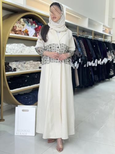 كولكشن رمضان ا عباية الين بقماش لنن مطرز بيج