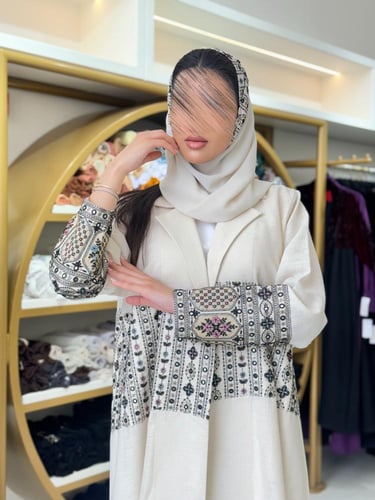 كولكشن رمضان ا عباية الين بقماش لنن مطرز بيج