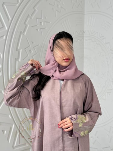 عباية زارا بقماش لنن بارد تطريز ترتر وردي