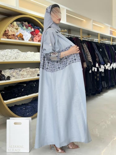 كولكشن رمضان ا عباية الين بقماش لنن مطرز سماوي