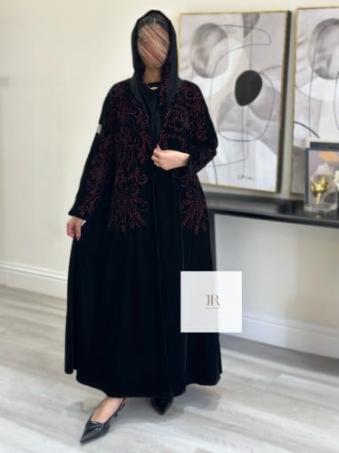 عباية انجيلا ا مخمل بتطريز - عنابي