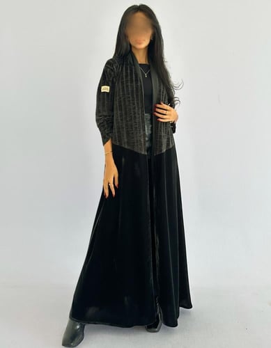 مخمل زيتي ساده مع مخمل شيفون مخطط نص كلوش