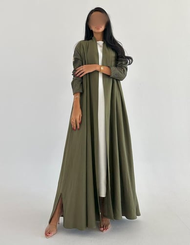 لنن طبيعي نص كلوش مع اكمام لنن مطرز