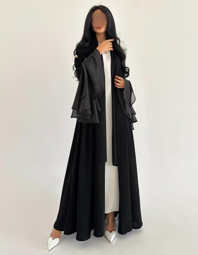 عباية كريب ملكي اسود مع شيفون
