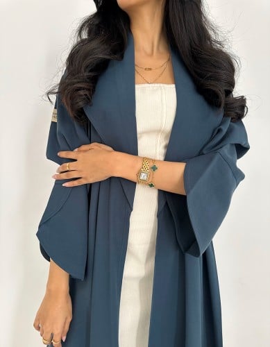 عباية كريب تركواز كلوش مع ياقه