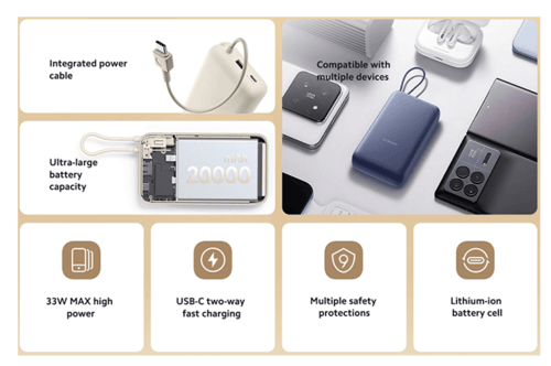 شاحن متنقل شاومي بمنفذ USB ومنفذ USB-C وسلك مدمج U...