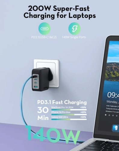 شاحن متعدد للسفر راف باور بقوة 200 واط بمنفذ يو اس...