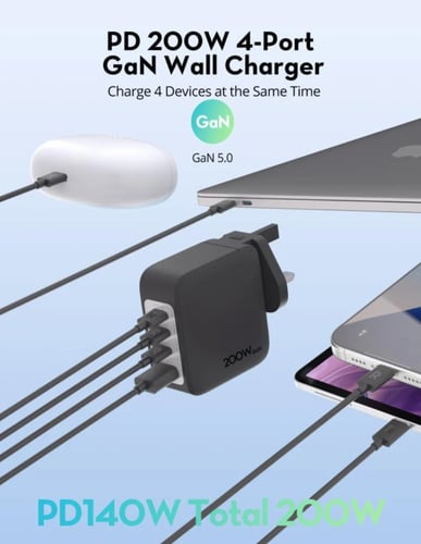 شاحن متعدد للسفر راف باور بقوة 200 واط بمنفذ يو اس...