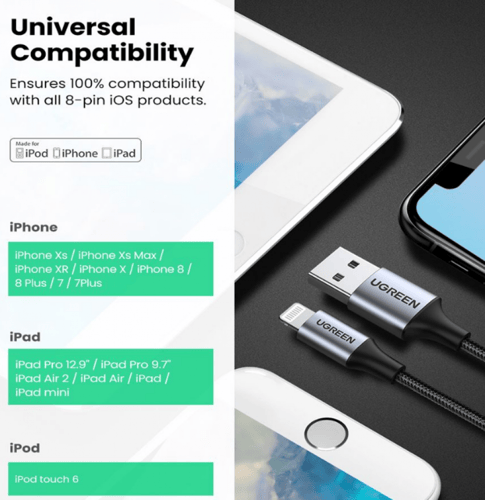 = سلك شاحن يوجرين نايلون مظفر USB إلى آيفون بطول 1...