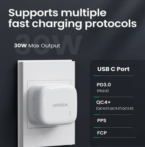 يوجرين - شاحن جداري بمنفذ PD شحن سريع بقوة 30 واط