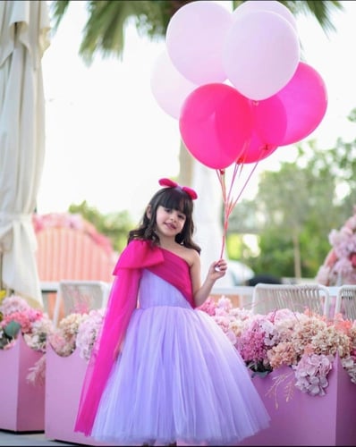 فستان موف بفيونكه ع الكتف لون فوشي