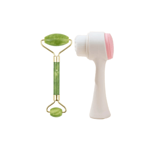 طقم مكون من فرشاة تنظيف للوجه ومساج جايد رولر من ر...