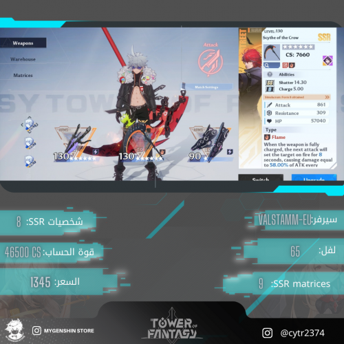 (cytr2374) حساب سيرفر اوروبي-Valstamm لفل 65 يحتوي...