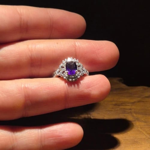 خاتم فضة بحجر الاماتست الجمشت مطعم بالزركون سويسري