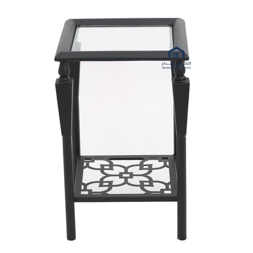 طاولة خدمة دورين قاعدة معدن لون اسود سطح زجاج شفاف