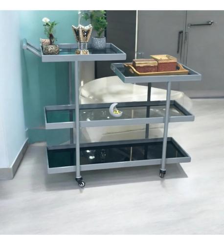 عربة تقديم 4 دور لون فضي سطح زجاج اسود شفاف