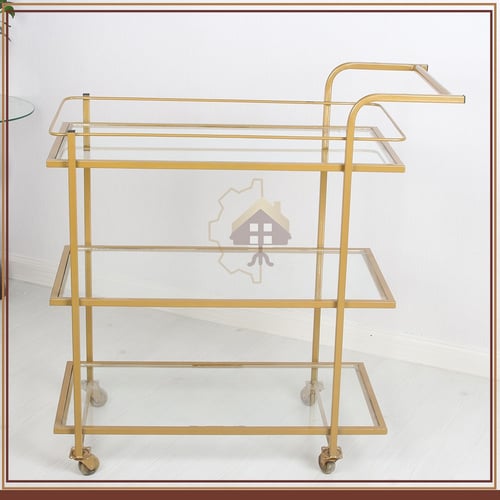 عربة تقديم قواعد لون ذهبي 3 دور سطح زجاج شفاف