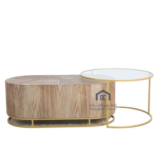 طقم طاولتين قهوه قشرة جوز وزجاج قاعدة معدن لون >هب...