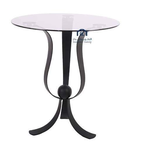 طاولة جانبية معدن بشكل وردة سطح زجاج اسود شفاف