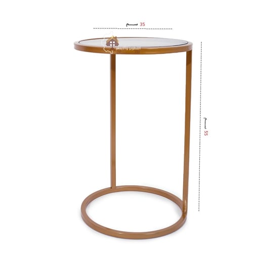 طاولة خدمة شكل دائري لون ذهبي وسطح زجاج لون بني