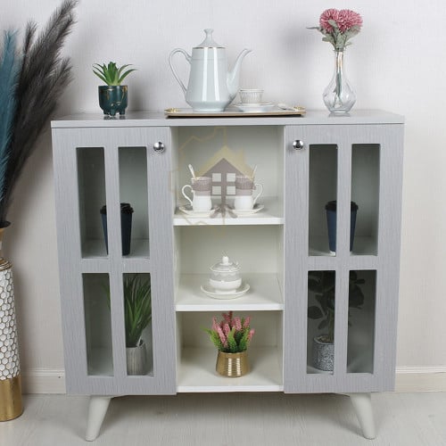 ركن كوفي لون رمادي بتصميم أنيق 2 أبواب زجاج شفاف