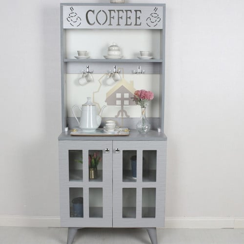 ركن كوفي تصميم أنيق بابين زجاج شفاف مع رفوف لون رم...