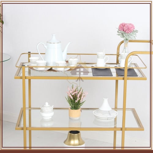 عربة تقديم قواعد لون ذهبي 3 دور سطح زجاج شفاف