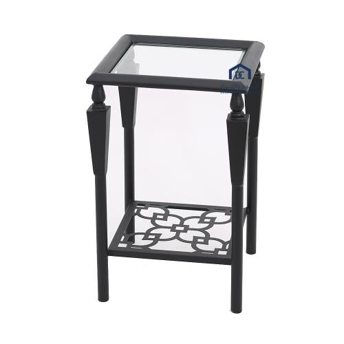 طاولة خدمة دورين قاعدة معدن لون اسود سطح زجاج شفاف