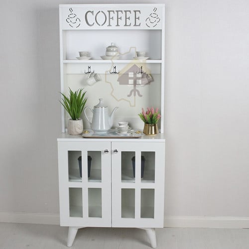 ركن كوفي تصميم أنيق بابين زجاج شفاف مع رفوف لون أب...