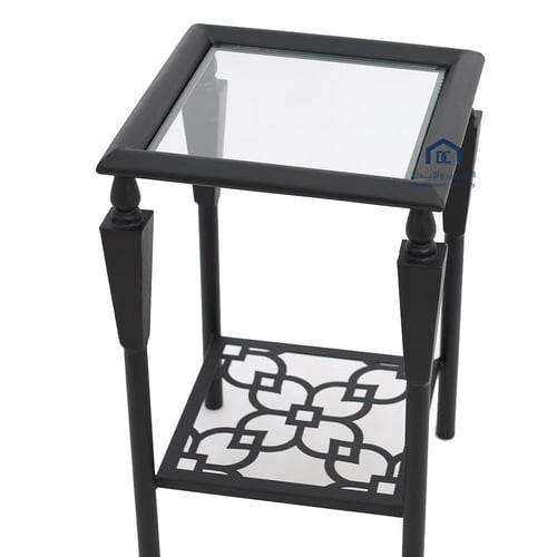 طاولة خدمة دورين قاعدة معدن لون اسود سطح زجاج شفاف