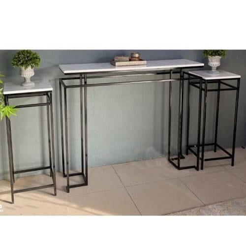 طاولة مدخل طقم 3 قطع رخام صناعي و حديد - أبيض و أس...