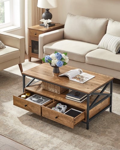 طاولة وسط رفين بوحدات ادراج خشبي فاتح